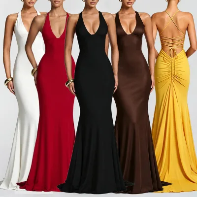 BABY C6296 Olenia Gown Woman Knitted Maxi Dress Halter Deep V Crisscross Lace up Back Mermaid Evening Gown