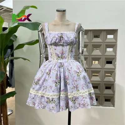 New Fashionable Ballet Style Strappy Lace Ruffles Breathable Puffy Sleeveless Halter Elegant Empire Waist Short Dress for Women