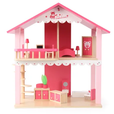 Simulation Wooden Doll House pink Villa Parent-child Interactive Toy Girls' Pretend House Role Play DIY Wooden Toys Gift for 3+