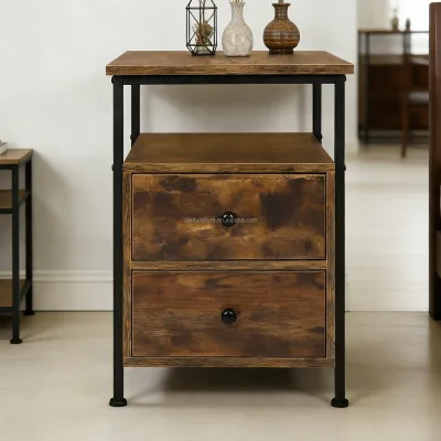 Industrial Style Wood Iron Frame Open Shelf Drawers Bedroom Side Table Multi Storage Small Bedside Sofa Side Table with Storage
