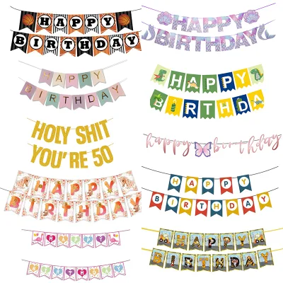 Customization Happy Birthday Banners Printing Glitter Paper Cardstock Banners Flags