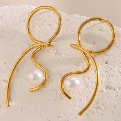 Fashionable 18K Gold Plated Stainless Steel Women's Ear Studs Niche High-End Trendy Geometric Knotted Lines Resembling Pearls