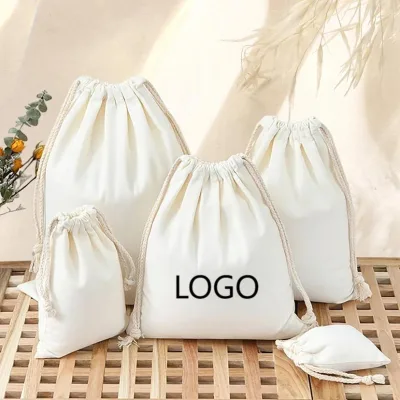 Wholesale Personalized Text Jewelry Reusable String Cotton Dust Bag Custom Logo Canvas Drawstring Pouch Gift Packaging Bags