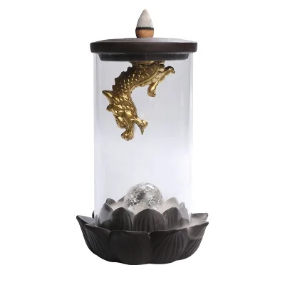 Wholesale Aromatherapy Ornament Reflux Waterfall Incense Holder Windproof Ceramic Dragon Backflow Incense Burner With LED Lotus