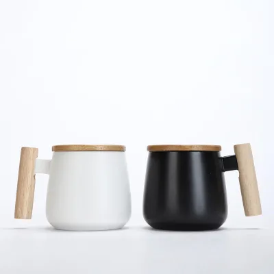Nordic Style Minimalist Customizable Wooden Handle, Bamboo Lid, Ceramic Coffee Cup 350ml