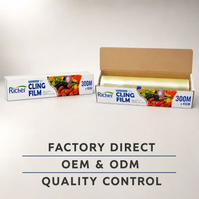 PE Commercial Food Wrap Rolls for Produce and Food Processing Freshness Keeping Film 300M Roll with Cutter