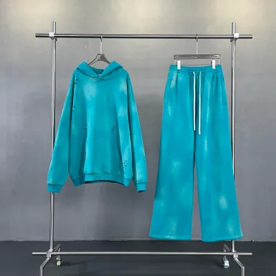 Wholesale Autumn Mens Acid Wash Sun Faded Print Knitted Hoodie and Vintage Wide Leg Pants Set Streetwear Tracksuits