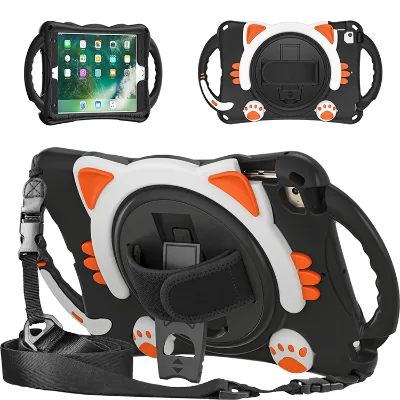 Universal 3D Cat Cute Design Kids case Silicon Tablet Cover for iPad Mini 5/4/3/2/1 with Shoulder Strap Hands Strap Kickstand