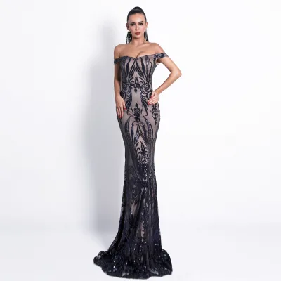 Sequin Maxi Dress Floor Length Full Lining O Neck Night Gown Evening Dresses
