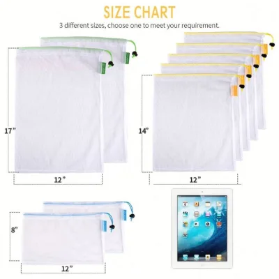Reusable Produce Bags,  Mesh Produce Bags with Drawstring & Tare Weight Tags, Durable Overlock-Stitched Strength, See-Through