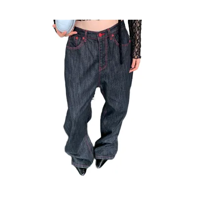 Vintage Washed Denim Women's Baggy Cargo Pants with Red Embroidery Mid Waist Wide Leg Design for Winter Loose Fit
