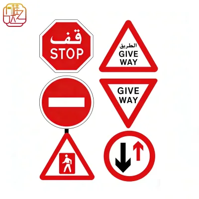 Reflective Arabic & English Traffic Sign Set, Stop, Give Way, No Entry, Pedestrian Crossing and Priority Road Signs
