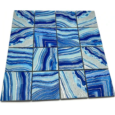 Ocean Blue Wave Pattern Onyx Mosaic Tile Luxury Wall Decor for Shower Spa Hotel