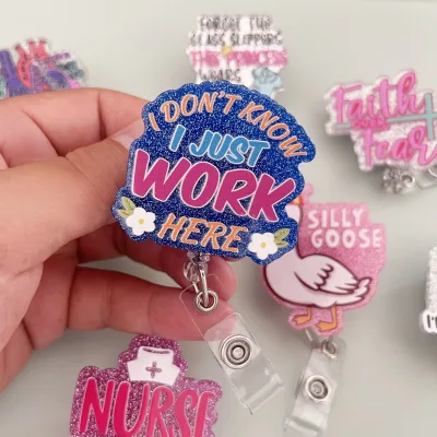 Factory Direct Sale Doctor Nurse Slogan Glitter Acrylic Badge Custom Logo Retractable Plastic ID Card Name Badge Holder