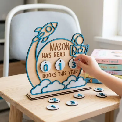 Wooden Children's Reading Counter Board, Astronaut Rocket Reading Recorder, Family Parent-Child Reading Check-in Decoration