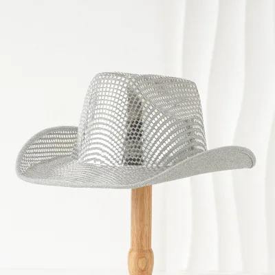 Y-Z Striped Bling Bling Sequin Cowboy Cap Western Nightclub Party Prop with Wide Brim for Nightclub Parties