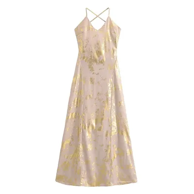 2024 Spring-summer New Type Lady Temperament Elegant Metal Bronzing Sling Long Dress