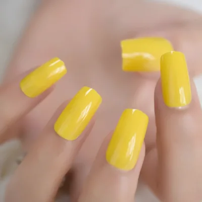Press on Nails Yellow Glossy square Acrylic Finger Nails Medium Length Full Cover Simple Design