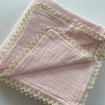 Customized Cotton Baby Muslin Blanket with Lace 2 Layer Cotton Receiving Gauze Blankets Muslin Throw Crib Stroller Blanket
