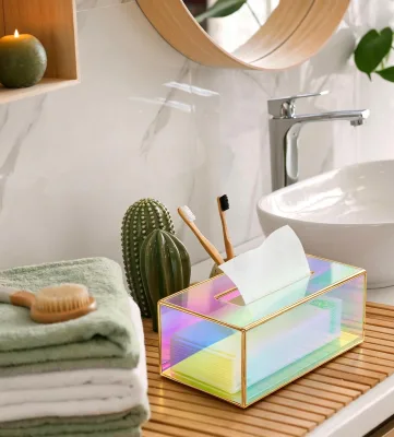 Iridescent Rainbow Acrylic Tissue Box With Gold Metal Frame Rectangular Napkin Holder for Bathroom Home Vanity Table Decor
