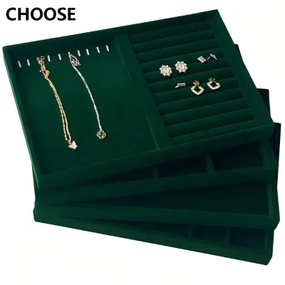 Hot Sale Dark Green Velvet Jewelry Ring Necklace Earrings Storage Tray Stackable Slots Grids Jewelry Display Tray Wholesale