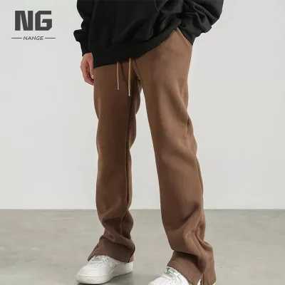 OEM Custom Logo Design Mens Sweat Pants Thick Cotton Straight Loose Wide Leg Casual Flared Slit Sweatpants for Men