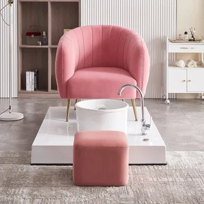 Pink Luxury Pedicure Station Spa Chair Fiberglass Footbath LED Lamp Manual Drainage Modern Design Beauty Salon Nail Salon