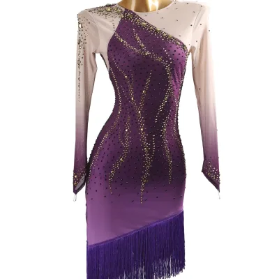 2026 High-End Women's Latin Dance Competition Flower Dress Nylon Purple Gradient Full-Strass Tassel Long-Sleeve Slim-Fit