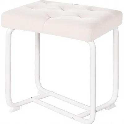 White Leather & Metal Square Vanity Stool Thick Padded Seat Small Size for Bathroom Bedroom Entryway Makeup Use KFD01W