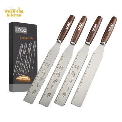8inch Stainless Steel Smoothing Cake Cream Spatula Butter Knife Walnut Wood Sharp Edged Right Angle Scale Scraper Bread Knives