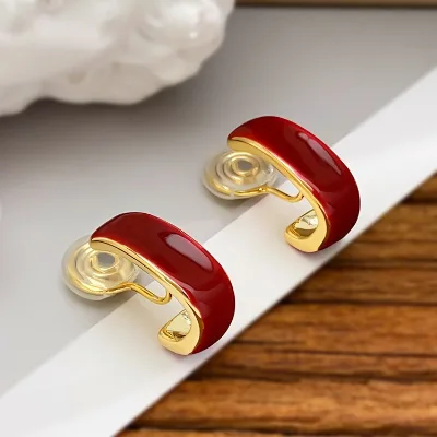 Light Luxury Red Oil Drip Hoop Clip on Earrings Gold Chunky Non Piercing Earrings for Girls Women