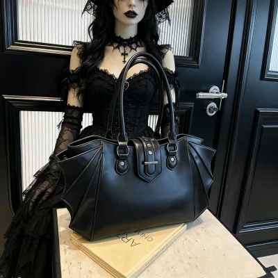 Women Gothic Bat Wing Shoulder Bag Punk Rivet Crossbody Handbag Large Capacity Halloween Purse