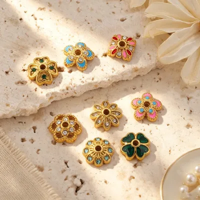 Dina Stainless Steel Vintage Enamel Flower Rhinestone Spacer Beads DIY Necklace Personalized Jewelry Accessories Wholesale