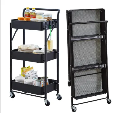 Quality Protection Food Trolley Carts 3 Tier Foldable Metal Storage Utility Kitchen Cart