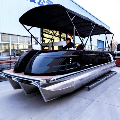 Fiberglass Pontoon Boat Cushioned Seats River Rafting Style Non Slip Deck Floating House Design for Personal Fishing