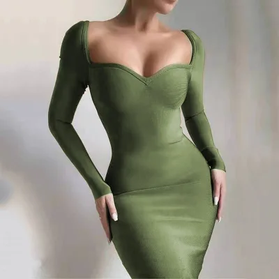 Long Sleeve Solid Pencil Sexy Bandage Natural High Waist Fashion Star Mid-length Dress