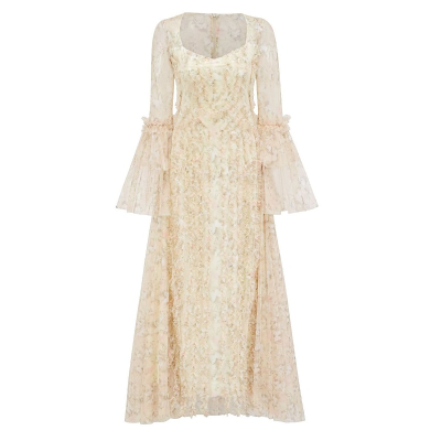 New Arrival Long Dress 2025 Spring Evening Gowns Women Sexy Square Collar Sweet Little Floral Print Flare Sleeve Gowns Yellow