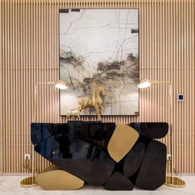 Italian Modern Console Table Polished Stainless Steel Wood Pattern for Dining Living Hotel Contemporary for Apartment Use