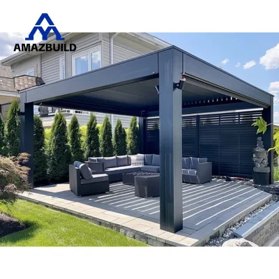 AMAZBUILD Bioclimatic Outdoor Pavilion Automated Opening Aluminum Gazebo with Lighting for Restaurants and Louvered Roof