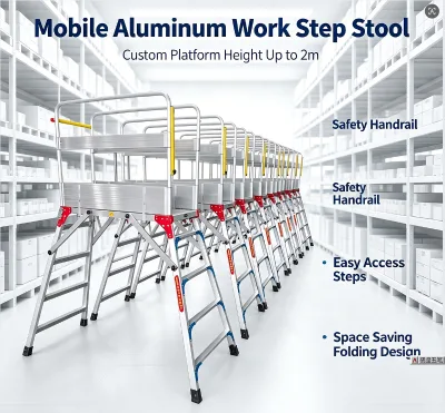 Aluminum Mobile Work Platform with Guardrail EN131 150kg Foldable Rolling Heavy Duty for Warehouse Maintenance