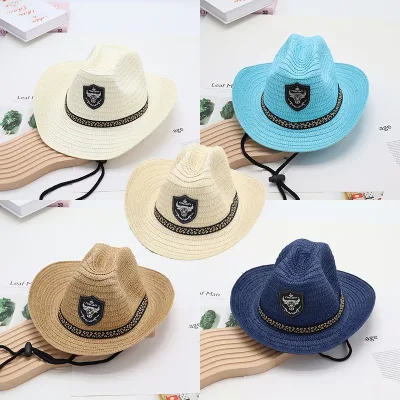 Children's Unisex Straw Hat Summer Outdoor Jazz Top Cool Hat Silk Screen Printed 48-50cm Head Circumference Kids Cowboy Hats