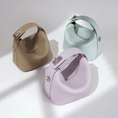 Women's Genuine Leather Lunch Crossbody Shoulder Bag with Zipper Solid Color Niche-Style Dumpling Design for Summer