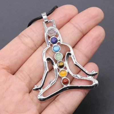 Seven Chakra Meditation Pendant Natural Crystal Jade Rainbow Yoga Leather-Cord Electroplated Necklace Fashion Accessory