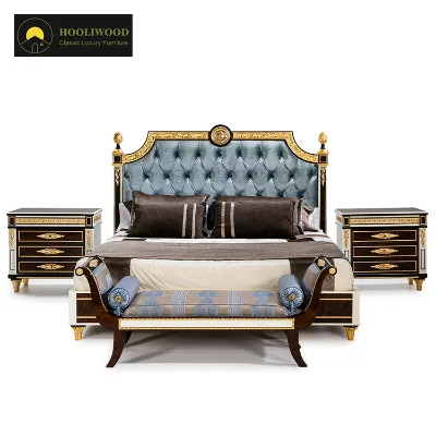 Villa Hotel Solid Wood Blue Fabric Bedroom Furnitures Set Luxury Full Bed Room Furnitures