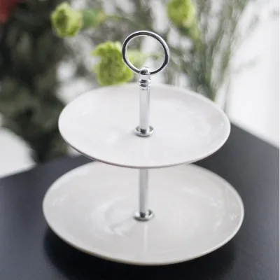 Factory Wholesale White Round Wedding Party Birthday Dessert Cupcake Snacks Porcelain Plate Stand Set Ceramic 2 Tier Cake Stand