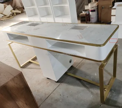 Luxury Salon Furniture Gold Stainless Steel Double Nail Desk with Vacuum Cleaner