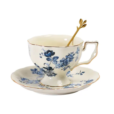 European Rose Pattern Ceramic Coffee Cup and Plate Set