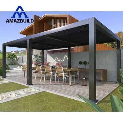 AMAZBUILD Waterproof Blade Sunshade Louvres Motorised Aluminium 3x3m Pergola Cover With Curtain