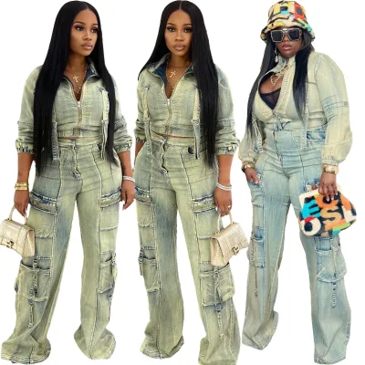 Women's 2025 Think Crop Jacket and Cargo Jeans Set Slim Two-Piece Stretch Cotton Denim Outfits Washed Technique for Summer