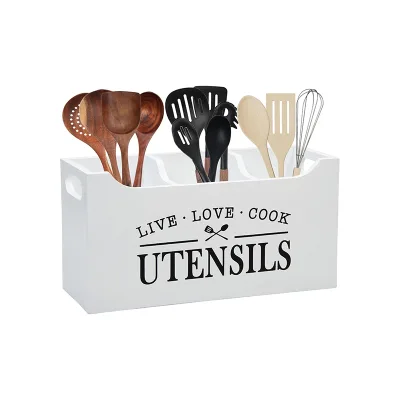 New 2025 Trending Products Kitchen Utensil Holder with Drainage Bottom Large 3 Compartments Solid Real Wood Utensil Organizer